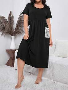 Plus Contrast Lace Night Dress - Black - View 3