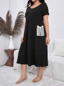 Plus Contrast Lace Night Dress - Black - View 4