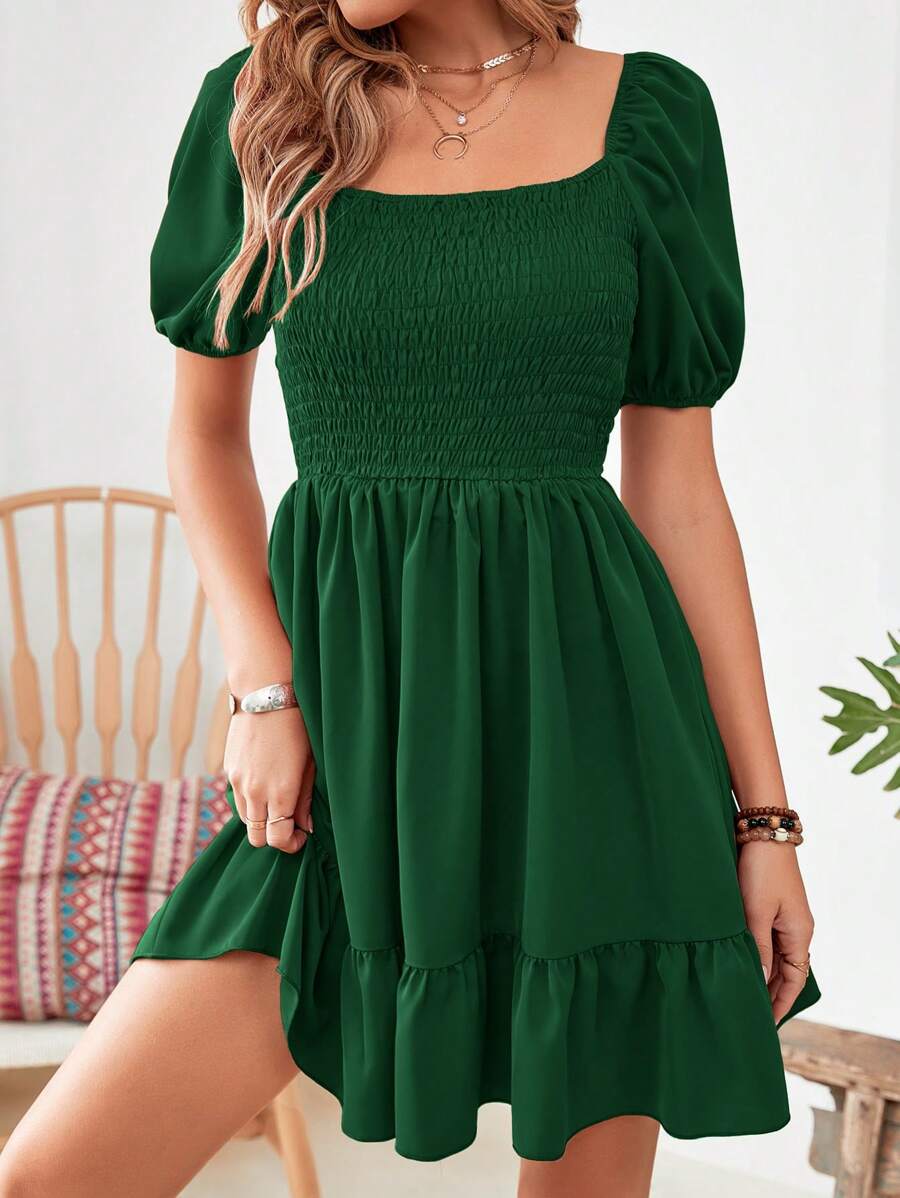Breezaya Đầm Viên lá sen Dải chun màu trơn Boho - Màu xanh lá cây đậm - Xem 1