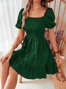 Breezaya Đầm Viên lá sen Dải chun màu trơn Boho - Màu xanh lá cây đậm - Xem 3