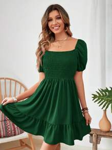 Breezaya Đầm Viên lá sen Dải chun màu trơn Boho - Màu xanh lá cây đậm - Xem 4