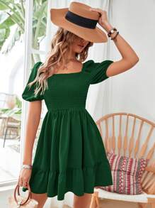 Breezaya Đầm Viên lá sen Dải chun màu trơn Boho - Màu xanh lá cây đậm - Xem 6