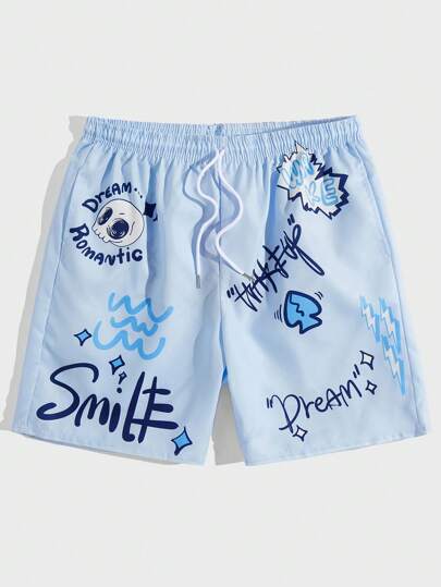 Street Life Men Skull & Letter Graphic Drawstring Waist Shorts, School
