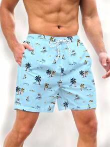 Manfinity Swimmode Hombres Shorts de natación con estampado de árbol de coco de cintura con cordón - Azul - Ver 1
