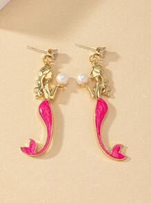 1對時尚鋅合金人造珍珠裝飾美人魚耳墜適合女士日常裝飾 - 彩色 - 查看 2