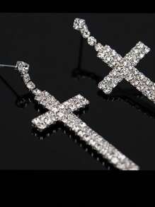 2 chiếc khuyên tai hình thánh giá đính đá, phụ kiện thời trang Unisex để đeo trong tiệc, khuyên tai bằng thép không gỉ, quà tặng ngày lễ - Bạc - Xem 3