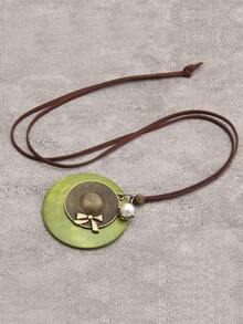1pc Vintage Zinc Alloy Faux Pearl Decor Hat & Round Pendant Necklace For Women For Daily Decoration - Green - View 3