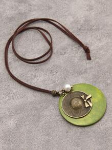 1pc Vintage Zinc Alloy Faux Pearl Decor Hat & Round Pendant Necklace For Women For Daily Decoration - Green - View 5