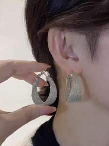 1對時尚多層圓耳環適合女士日常裝飾 - 銀色 - 查看 3