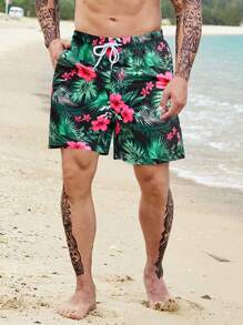 Manfinity Men Plus Tropical Print Drawstring Waist Swim Trunks - Multicolor - View 1