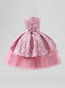Girls' Embroidered Tulle Patchwork Sleeveless Cake Dress - Dusty Pink - View 2