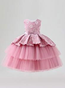 Girls' Embroidered Tulle Patchwork Sleeveless Cake Dress - Dusty Pink - View 3