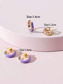 1對時尚不銹鋼水鑽裝飾開口耳環和2入組/套耳夾適合女士日常裝飾 - 彩色 - 查看 3