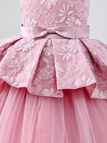 Girls' Embroidered Tulle Patchwork Sleeveless Cake Dress - Dusty Pink - View 4