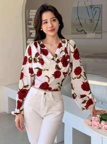 DAZY 花卉印花灯笼袖短款上衣 情人节长袖上衣 度假穿搭 女款 - 紅色 - 查看 3