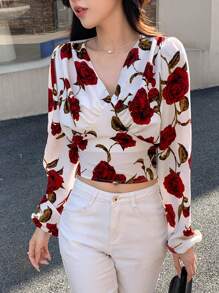 DAZY 花卉印花灯笼袖短款上衣 情人节长袖上衣 度假穿搭 女款 - 紅色 - 查看 5