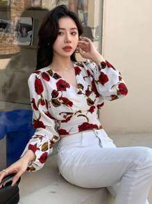 DAZY 花卉印花灯笼袖短款上衣 情人节长袖上衣 度假穿搭 女款 - 紅色 - 查看 6