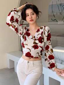 DAZY 花卉印花灯笼袖短款上衣 情人节长袖上衣 度假穿搭 女款 - 紅色 - 查看 8