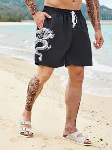 Manfinity Swimmode Men Dragon Print Drawstring Waist Swim Trunks - Black - View 1