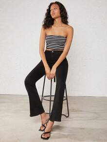 SHEIN BASICS Top tubo crop con estampado de rayas - Blanco y Negro - Ver 4