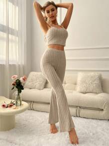 Solid Cami Top & Flare Leg Pants Lounge Set Outfit - Beige - View 3