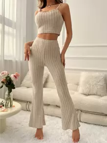 Solid Cami Top & Flare Leg Pants Lounge Set Outfit - Beige - View 6