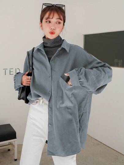 ملابس علوية كتف منسدل بجيب مرقع، ملابس علوية كم طويل للملابس الخريفية