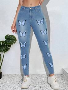 Jeans ajustados con estampado de mariposa - Lavado ligero - Ver 5