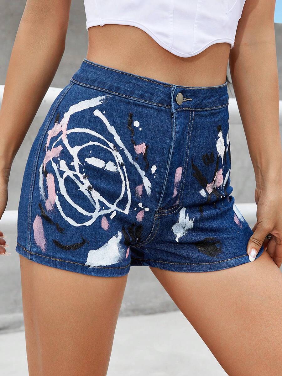 Quần short denim nữ Nút Túi Dây kéo Đồ họa - Rửa tối - Xem 1