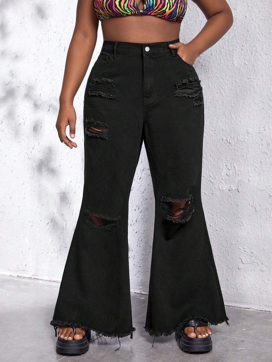 SHEIN SXY Plus Ripped Raw Hem Flare Leg Jeans - Black - View 1