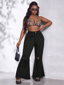 SHEIN SXY Plus Ripped Raw Hem Flare Leg Jeans - Black - View 3