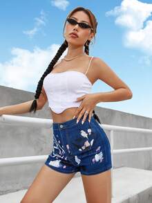 Quần short denim nữ Nút Túi Dây kéo Đồ họa - Rửa tối - Xem 4