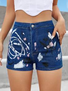 Quần short denim nữ Nút Túi Dây kéo Đồ họa - Rửa tối - Xem 6