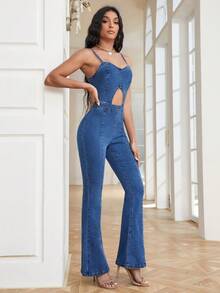 Quần yếm & áo liền quần denim dành cho nữ Cắt ra Dây kéo màu trơn Giải trí - Rửa trung bình - Xem 5