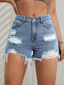 SHEIN EZwear Quần short denim nữ Túi Hem thô Bị tách màu trơn - Rửa nhẹ - Xem 2