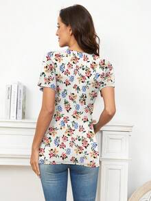 Maternity Floral Print Knot Side Nursing Tee - White - View 2