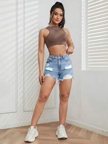 SHEIN EZwear Quần short denim nữ Túi Hem thô Bị tách màu trơn - Rửa nhẹ - Xem 4