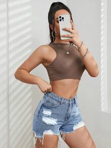 SHEIN EZwear Quần short denim nữ Túi Hem thô Bị tách màu trơn - Rửa nhẹ - Xem 5