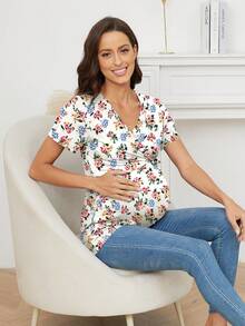 Maternity Floral Print Knot Side Nursing Tee - White - View 4