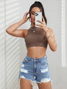 SHEIN EZwear Quần short denim nữ Túi Hem thô Bị tách màu trơn - Rửa nhẹ - Xem 6