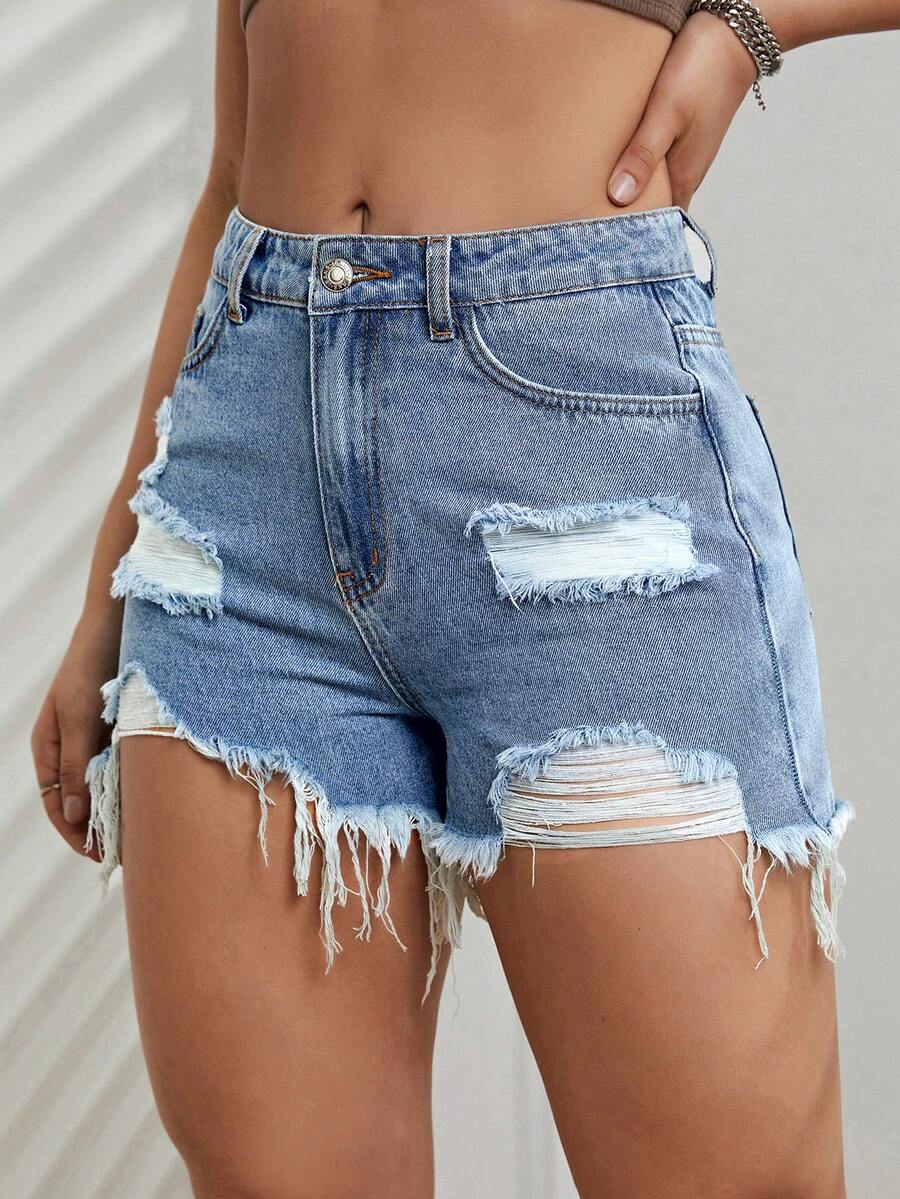 SHEIN EZwear Quần short denim nữ Túi Hem thô Bị tách màu trơn - Rửa nhẹ - Xem 1