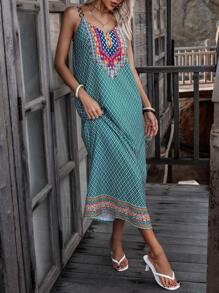 SHEIN Holidaya Geo Print Cami Dress - Green - View 3