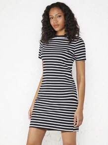 SHEIN BASICS Striped Print Fitted Dress - Black and White - View 1