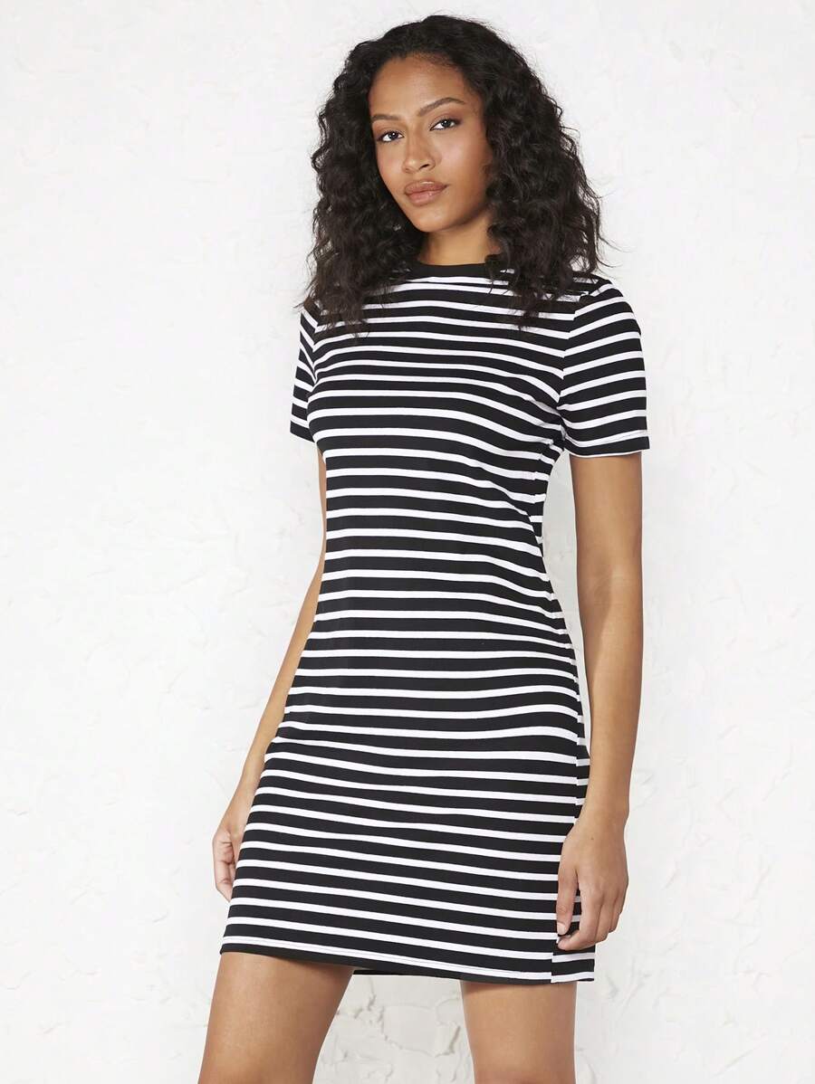 SHEIN BASICS Striped Print Fitted Dress - Black and White - View 1