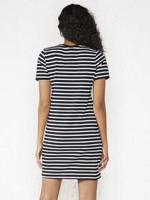 SHEIN BASICS Striped Print Fitted Dress - Black and White - View 2