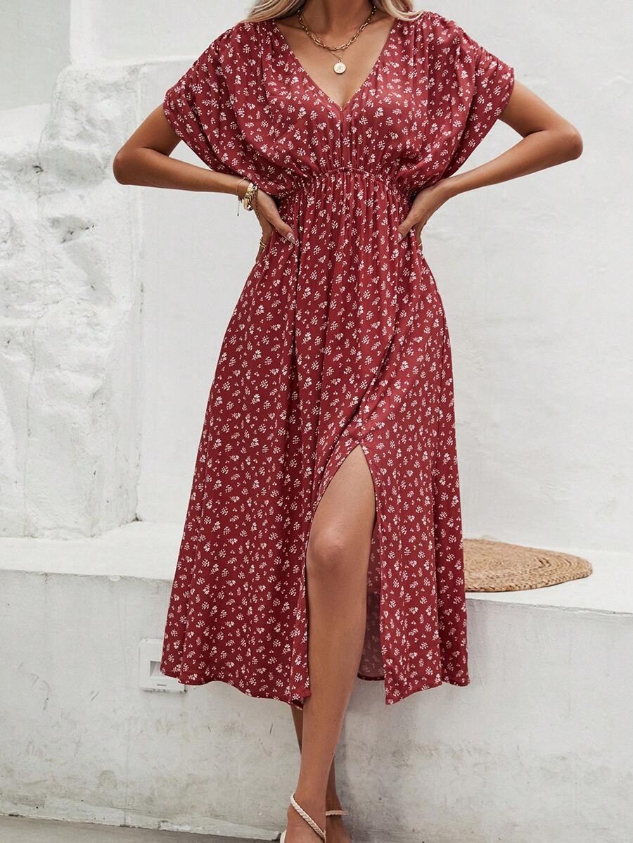 SHEIN Frenchy Ditsy Floral Print Batwing Sleeve Split Thigh Dress