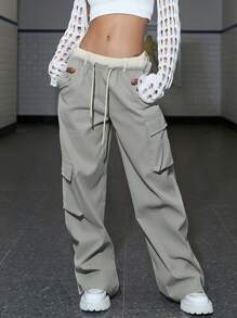 Flap Pocket Side Drawstring Contrast Waist Parachute Cargo Trousers - Light Grey - View 1