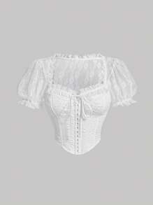 SHEIN MOD Áo sơ mi nữ Bất đối xứng Tương phản ren viền lá sen Thắt nơ trước màu trơn Thanh lịch - trắng - Xem 1