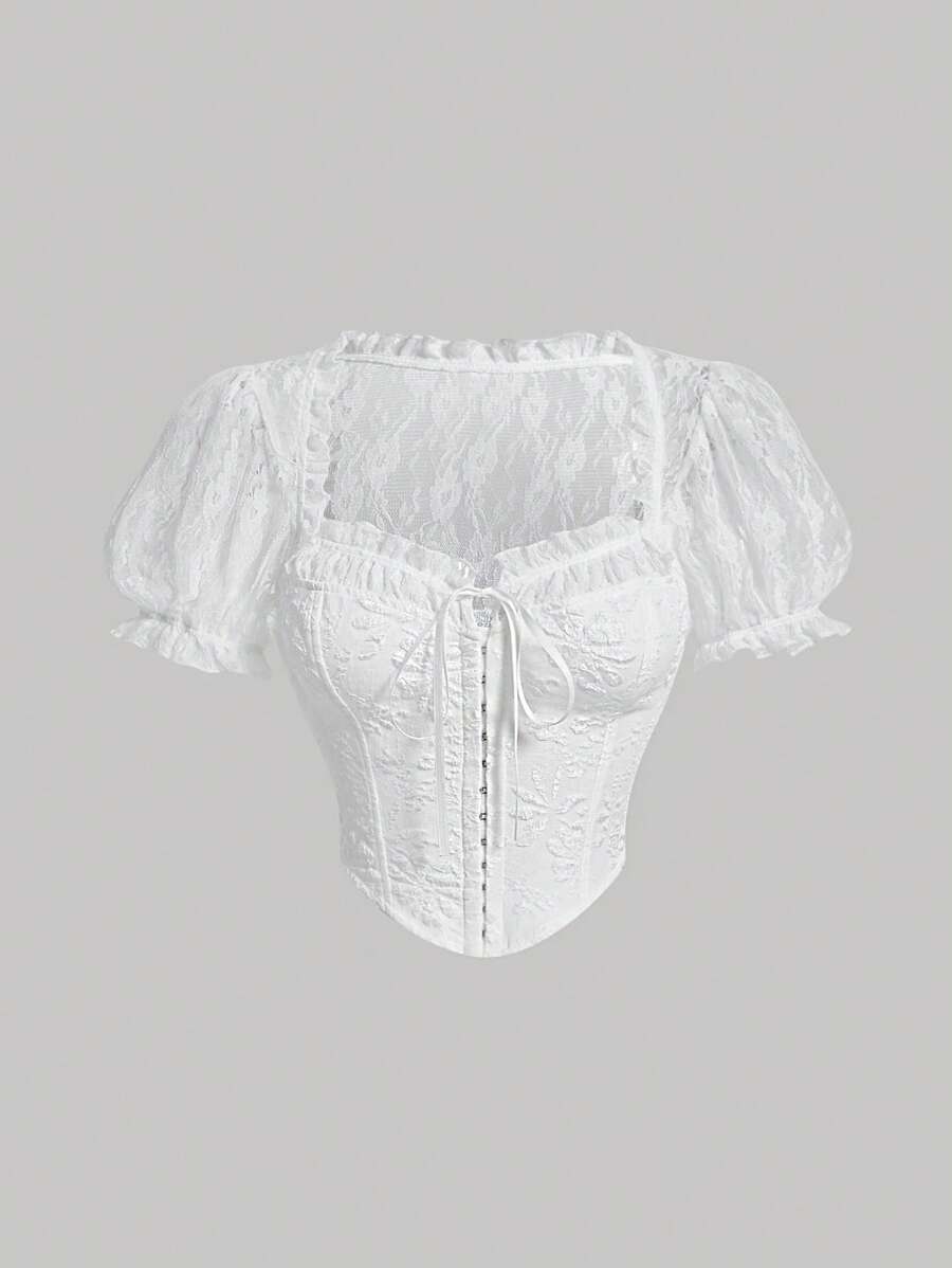 SHEIN MOD Áo sơ mi nữ Bất đối xứng Tương phản ren viền lá sen Thắt nơ trước màu trơn Thanh lịch - trắng - Xem 1