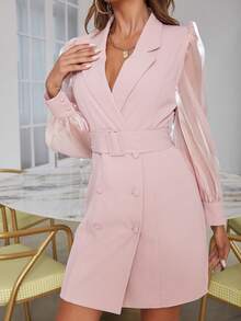 D&M 燈籠袖雙排釦搭扣腰帶西裝洋裝 - 淺粉色 - 查看 3
